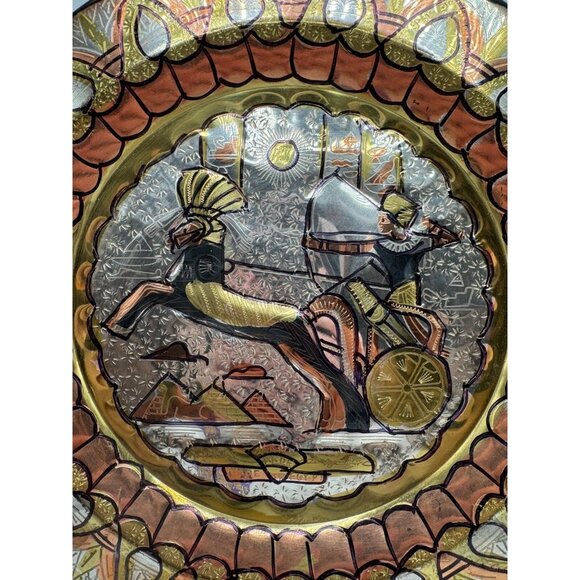 Vintage Egyptian Brass Wall Decor Plate King Ramses on a Chariot 11.5" - Picture 3 of 12